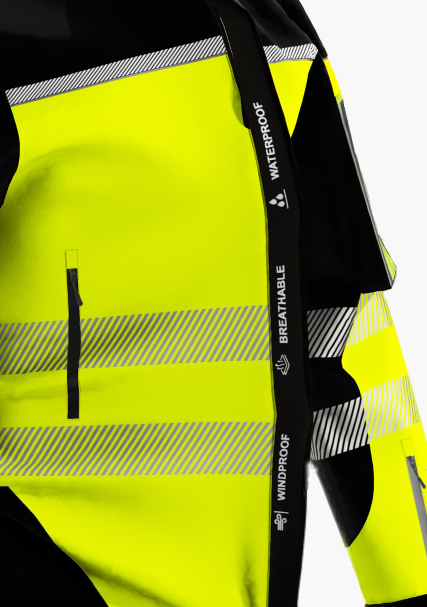 Hier ist eine Softshelljacke abgebildet, die winddicht und wasserabweisend ist. Eine durchdachte Taschenplatzierung ermöglicht das Tragen der Jacke im Klettergurt beim Industrieklettern in der Höhe (Ansicht Nahaufnahme FEATURES))