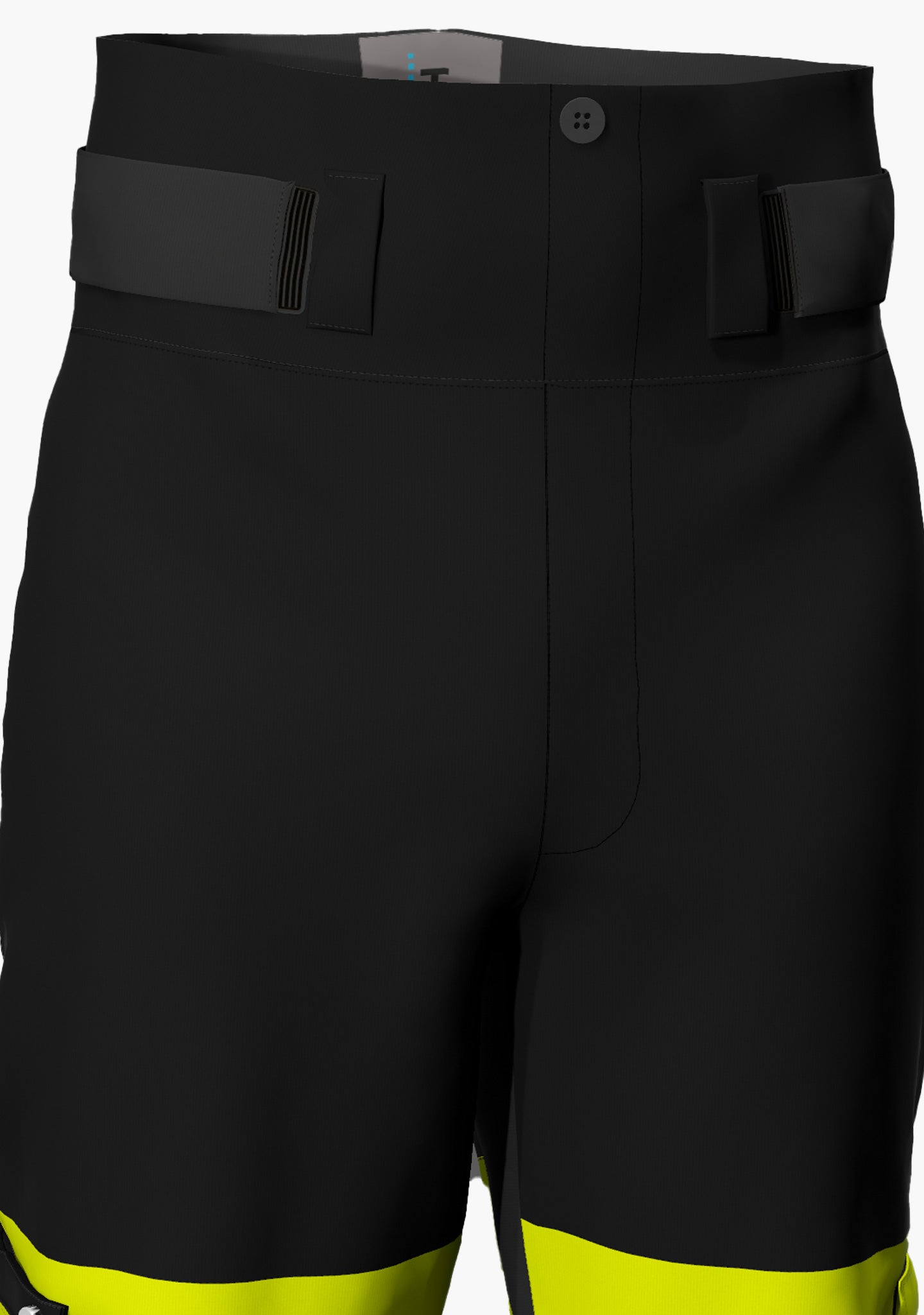 hochgeschnittener, flacher Hosenbund mit integrierten starken Klettverschlüssen für eine individuelle Anpassung der Hose an die jeweilige PersonDie Regenhose in neongelb und schwarz ist wasser- und winddicht. Sie hat verstellbare Hosentaschen, austauschbare Kniepolstertaschen und ist in extralang und normaler Beinlänge erhältlich (Ansicht Nahaufnahme Hosenbund)