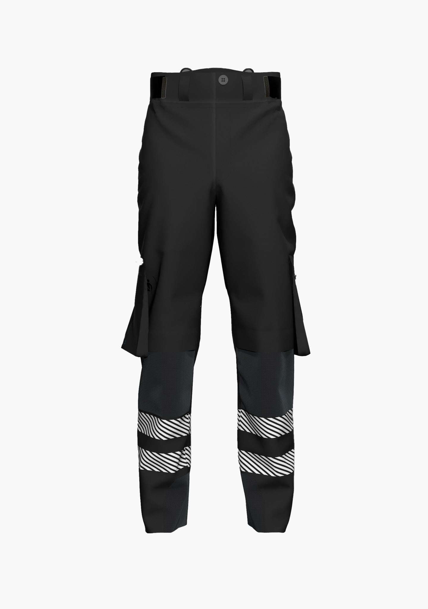 Hier ist eine schwarze Regenhose abgebildet, die wasser- und winddicht ist und ein Schuhhaken das Eindringen von Nässe abhält. Die Hose ist mit extralangem Bein für Industrioekletterer oder auch in regulärer Beinlänge erhältlich, die Click & Climb Taschen und die austauschbaren Kniepolstertaschen sind extra für die Seilzugangstechnik konzipiert. (Ansicht front)