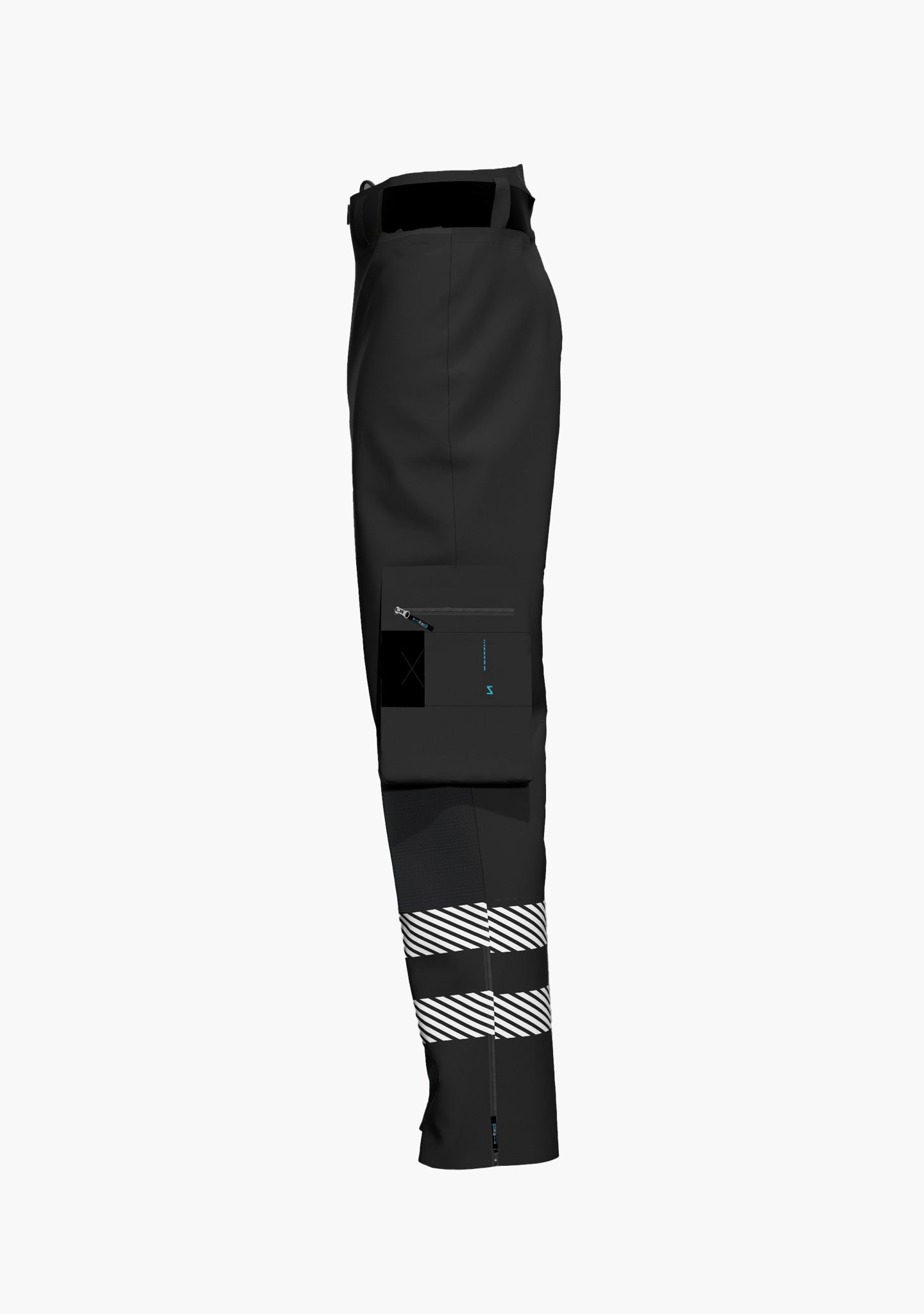 Hier ist eine schwarze Regenhose abgebildet, die wasser- und winddicht ist und ein Schuhhaken das Eindringen von Nässe abhält. Die Hose ist mit extralangem Bein für Industrioekletterer oder auch in regulärer Beinlänge erhältlich, die Click & Climb Taschen und die austauschbaren Kniepolstertaschen sind extra für die Seilzugangstechnik konzipiert. (Ansicht links)