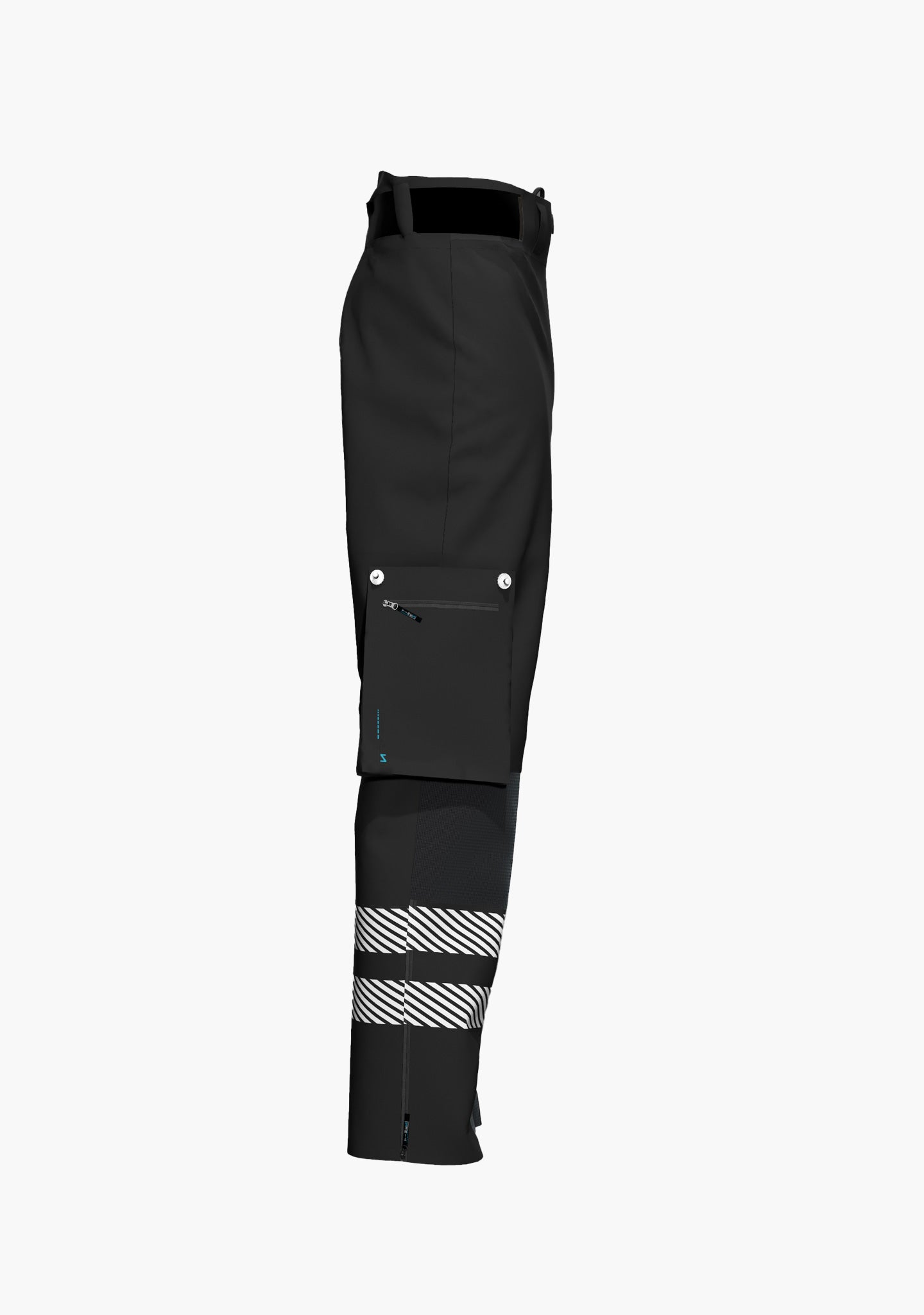 Hier ist eine schwarze Regenhose abgebildet, die wasser- und winddicht ist und ein Schuhhaken das Eindringen von Nässe abhält. Die Hose ist mit extralangem Bein für Industrioekletterer oder auch in regulärer Beinlänge erhältlich, die Click & Climb Taschen und die austauschbaren Kniepolstertaschen sind extra für die Seilzugangstechnik konzipiert. (Ansicht rechts)