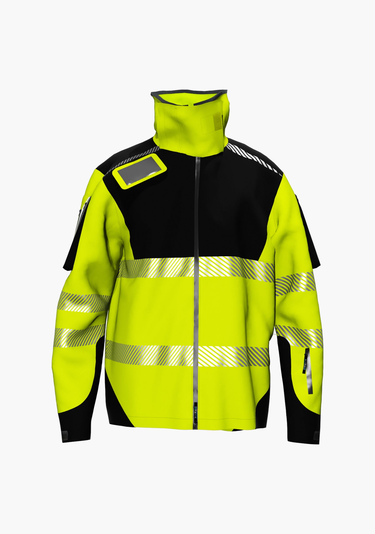 Die wind- und wasserdichte Regenjacke RIFFGAT in neongelb oder schwarz eignet sich perfekt für Industriekletterer und alle anderen, die im Bereich der Höhenarbeit mit Seilzugangstechnik arbeiten. (Ansicht front)