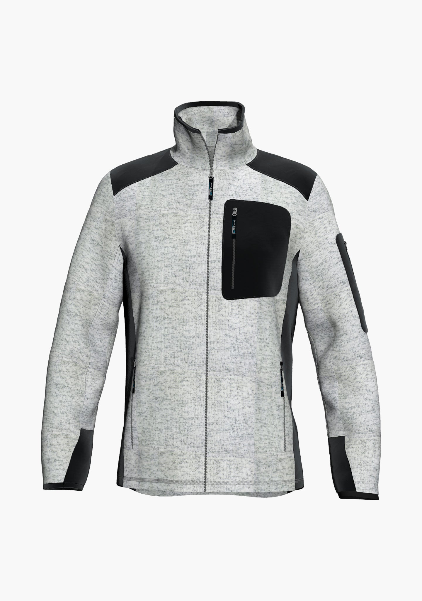 Hier ist eine Strickfleecejacke in light grey abgebildet, die mit robustem Cordura ausgestattet ist und sich gut eignet für das Feierabendbier nach einem anstrengende Arbeitstag im Seil als Industriekletterer in der Seilzugangstechnik. (Ansicht front)