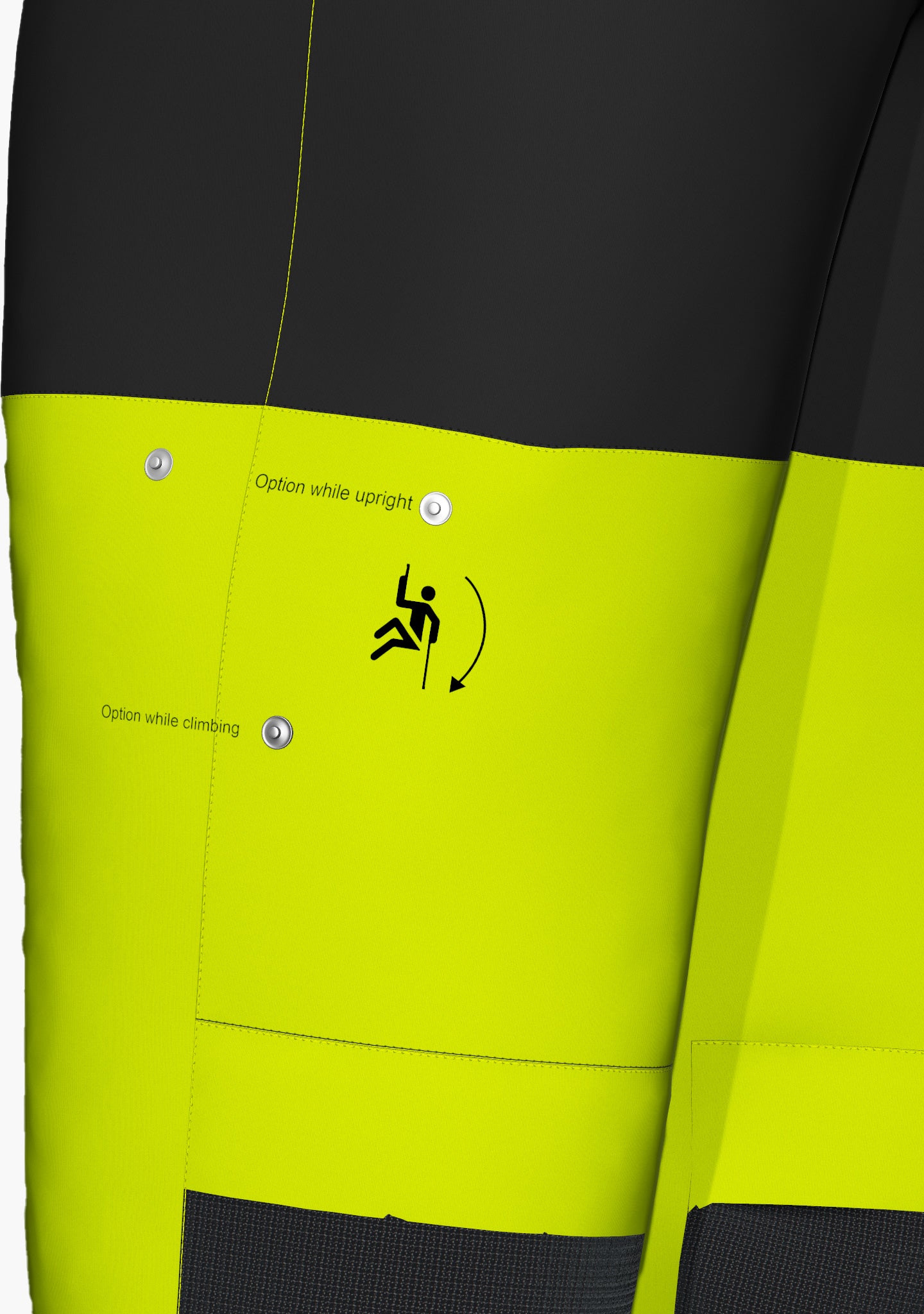 Click & Climb Taschenlösung mit LOXX  Knöpfen, Ansicht ohne aufgesetzte TascheHier ist eine Funktionshose in neongelb und schwarz abgebildet, die für wärmere Arbeitstage im Klettergurt geeignet ist und sich mit ihren abnehmbaren Kniepolstertaschen, den Click & Climb Hosentaschen und den Reißverschlüssen am Beinende der Seilzugangstechnik perfekt anpasst. (Ansicht Click & Climb)