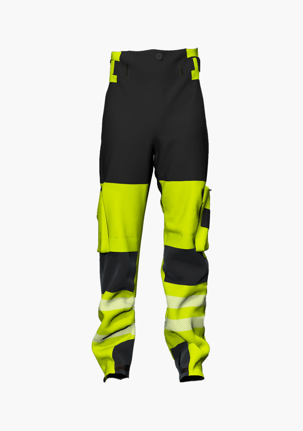 Hier ist eine Funktionshose in neongelb und schwarz abgebildet, die für wärmere Arbeitstage im Klettergurt geeignet ist und sich mit ihren abnehmbaren Kniepolstertaschen, den Click & Climb Hosentaschen und den Reißverschlüssen am Beinende der Seilzugangstechnik perfekt anpasst. (Ansicht front)