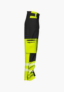 Hier ist eine Funktionshose in neongelb und schwarz abgebildet, die für wärmere Arbeitstage im Klettergurt geeignet ist und sich mit ihren abnehmbaren Kniepolstertaschen, den Click & Climb Hosentaschen und den Reißverschlüssen am Beinende der Seilzugangstechnik perfekt anpasst. (Ansicht rechts)